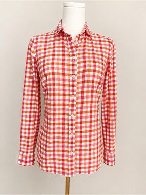 J. Crew Re-Imagined 100% Cotton Gingham Button Down Shirt XS Pink Orange Plaid